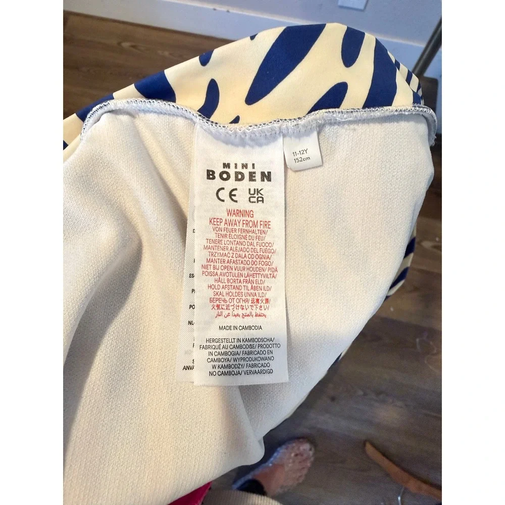 Mini Boden Girls Blue Zebra Print Long Sleeve Rash Guard Swimsuit Size 11-12Y‎